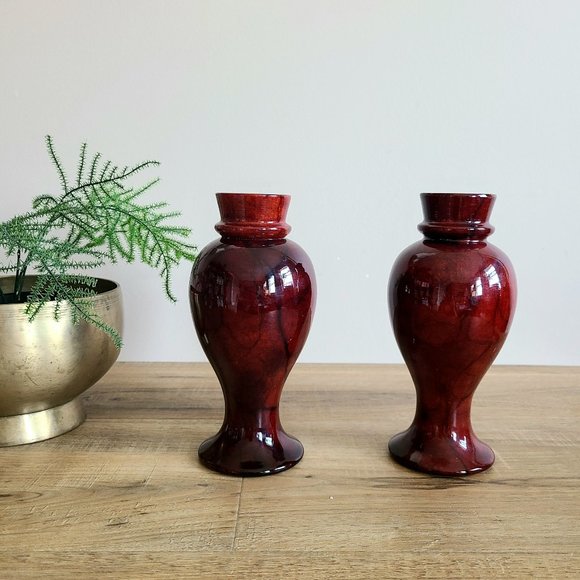 Set of 2 marble dark red burgundy color candleholders. Made in Italy. - Picture 1 of 9